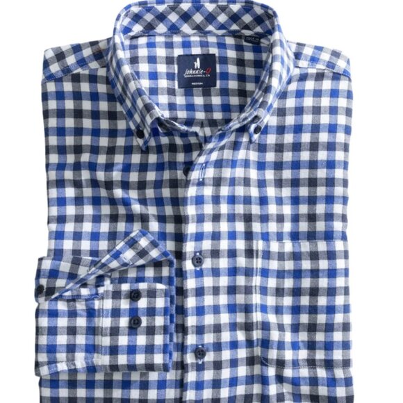 NWT JOHNNIE-O WAKE TUCKED MILLBANK PLAID BUTTON DOWN PLAID SHIRT Black Blue - Picture 1 of 11